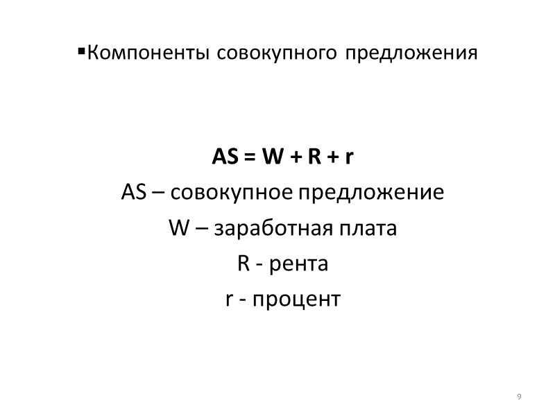 Компоненты совокупного предложения AS = W + R + r AS – совокупное предложение